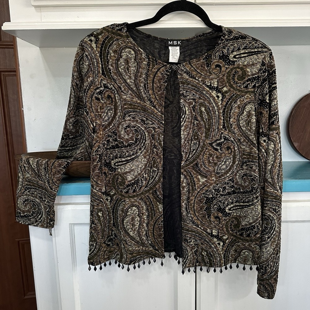 Vintage MSK Cardigan Sz L Beaded Metallic Open Front Gold Black‎ Green Boho Chic